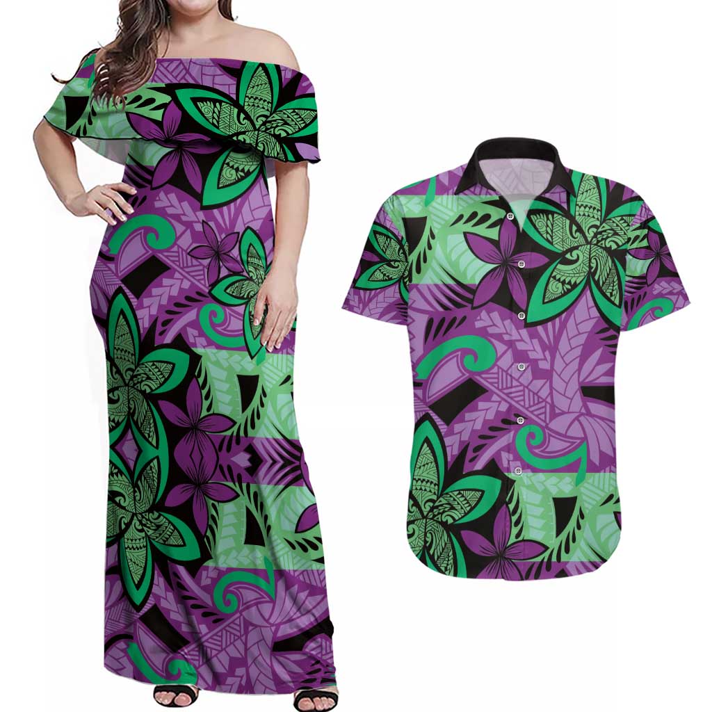 Plumeria Polynesian Pattern Couples Matching Off Shoulder Maxi Dress and Hawaiian Shirt Unique Fantasy Purple Green