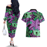 Plumeria Polynesian Pattern Couples Matching Off The Shoulder Long Sleeve Dress and Hawaiian Shirt Unique Fantasy Purple Green