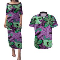 Plumeria Polynesian Pattern Couples Matching Puletasi and Hawaiian Shirt Unique Fantasy Purple Green