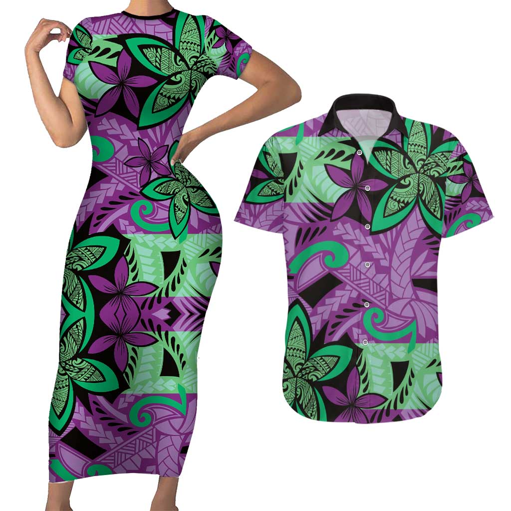 Plumeria Polynesian Pattern Couples Matching Short Sleeve Bodycon Dress and Hawaiian Shirt Unique Fantasy Purple Green