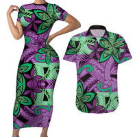 Plumeria Polynesian Pattern Couples Matching Short Sleeve Bodycon Dress and Hawaiian Shirt Unique Fantasy Purple Green