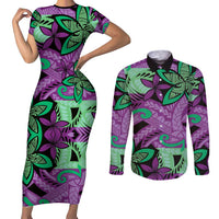 Plumeria Polynesian Pattern Couples Matching Short Sleeve Bodycon Dress and Long Sleeve Button Shirt Unique Fantasy Purple Green