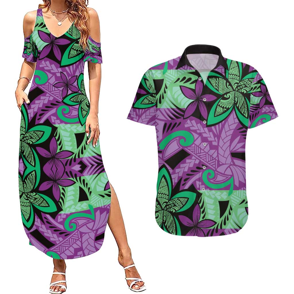 Plumeria Polynesian Pattern Couples Matching Summer Maxi Dress and Hawaiian Shirt Unique Fantasy Purple Green