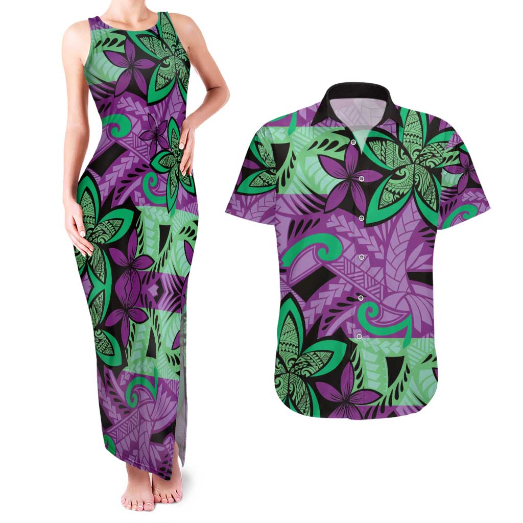 Plumeria Polynesian Pattern Couples Matching Tank Maxi Dress and Hawaiian Shirt Unique Fantasy Purple Green