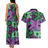 Plumeria Polynesian Pattern Couples Matching Tank Maxi Dress and Hawaiian Shirt Unique Fantasy Purple Green