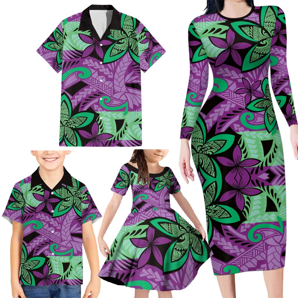 Plumeria Polynesian Pattern Family Matching Long Sleeve Bodycon Dress and Hawaiian Shirt Unique Fantasy Purple Green