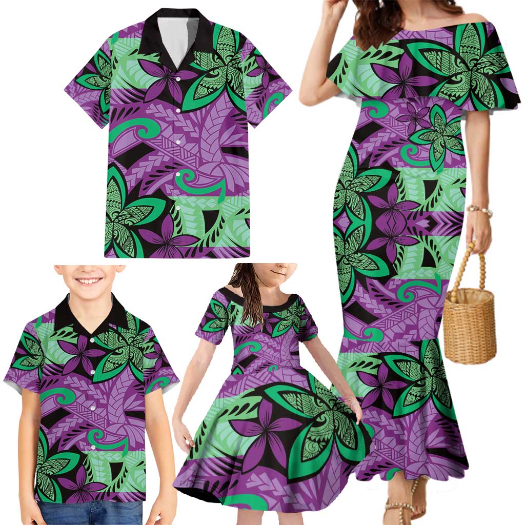 Plumeria Polynesian Pattern Family Matching Mermaid Dress and Hawaiian Shirt Unique Fantasy Purple Green