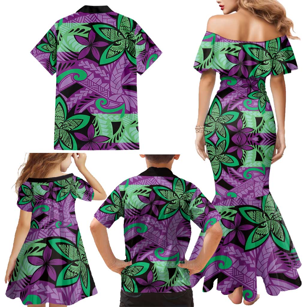 Plumeria Polynesian Pattern Family Matching Mermaid Dress and Hawaiian Shirt Unique Fantasy Purple Green