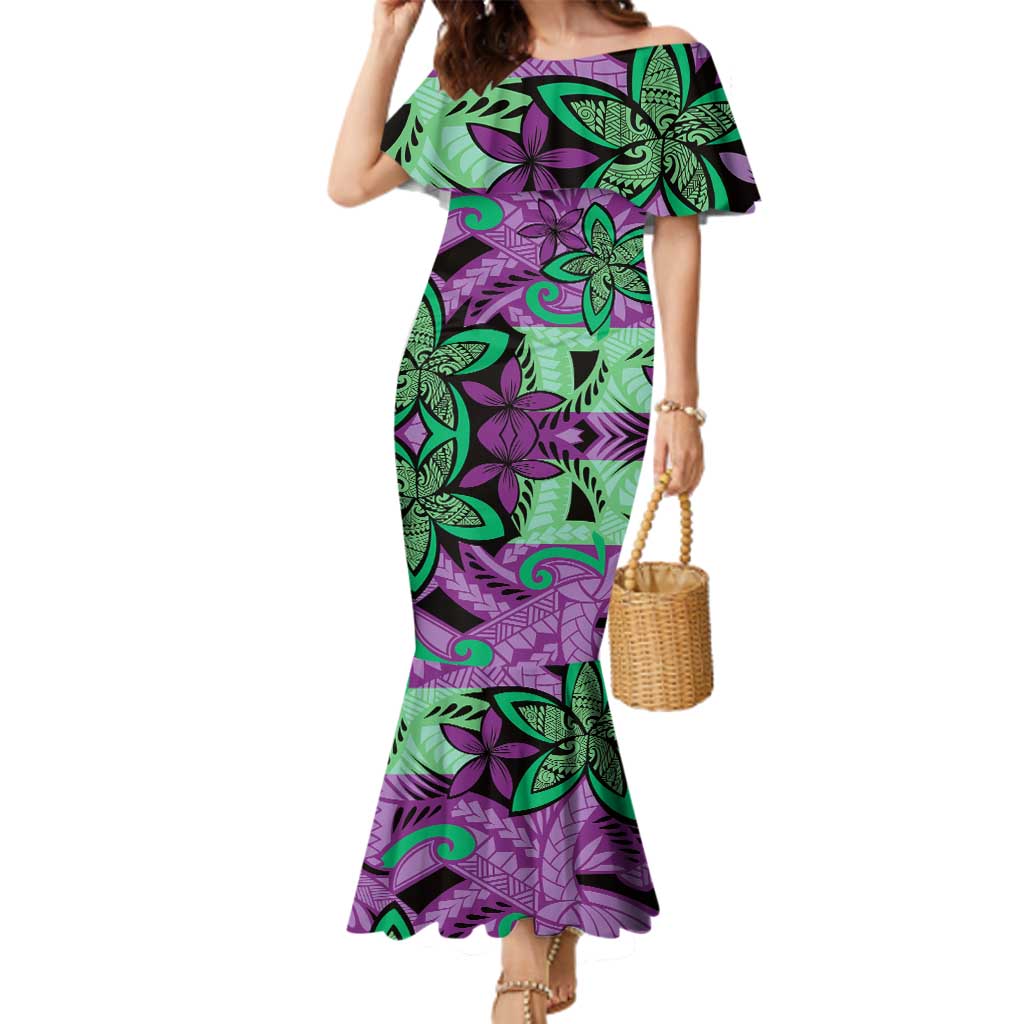 Plumeria Polynesian Pattern Family Matching Mermaid Dress and Hawaiian Shirt Unique Fantasy Purple Green