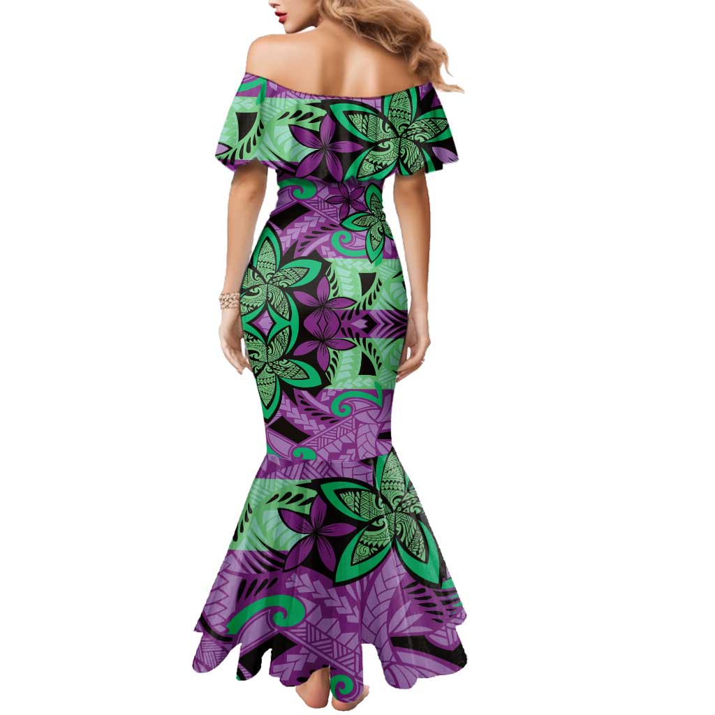 Plumeria Polynesian Pattern Family Matching Mermaid Dress and Hawaiian Shirt Unique Fantasy Purple Green