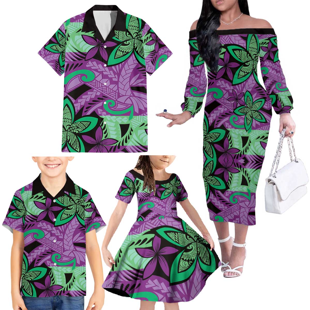Plumeria Polynesian Pattern Family Matching Off The Shoulder Long Sleeve Dress and Hawaiian Shirt Unique Fantasy Purple Green