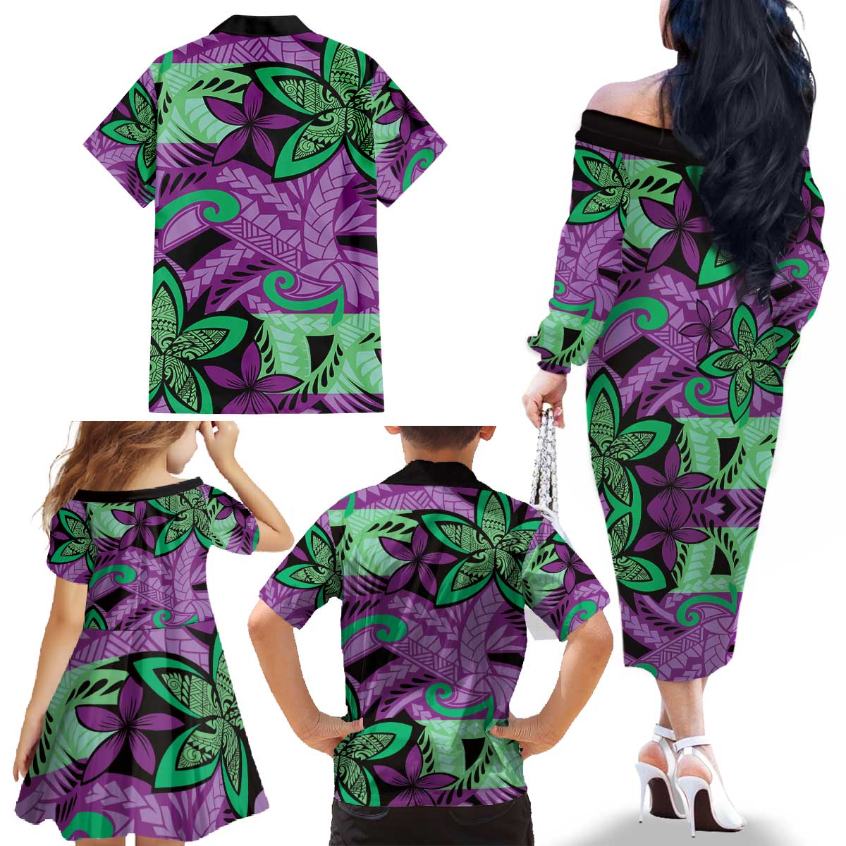 Plumeria Polynesian Pattern Family Matching Off The Shoulder Long Sleeve Dress and Hawaiian Shirt Unique Fantasy Purple Green