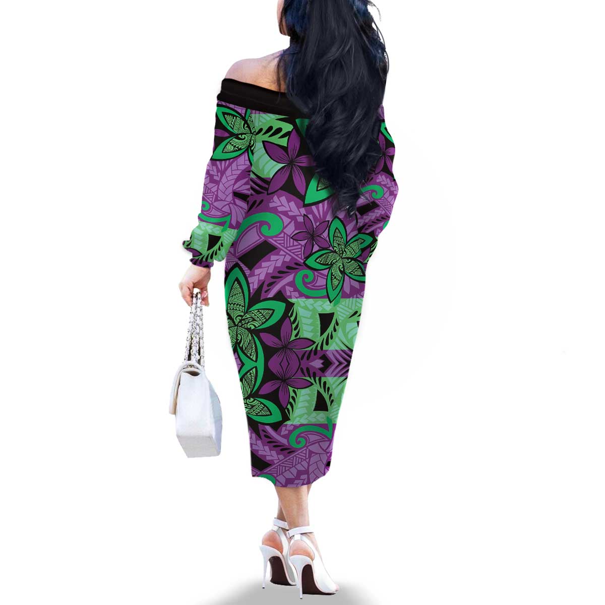 Plumeria Polynesian Pattern Family Matching Off The Shoulder Long Sleeve Dress and Hawaiian Shirt Unique Fantasy Purple Green
