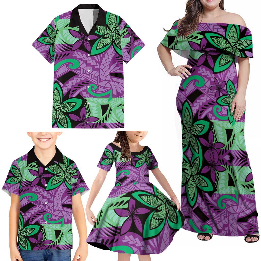 Plumeria Polynesian Pattern Family Matching Off Shoulder Maxi Dress and Hawaiian Shirt Unique Fantasy Purple Green