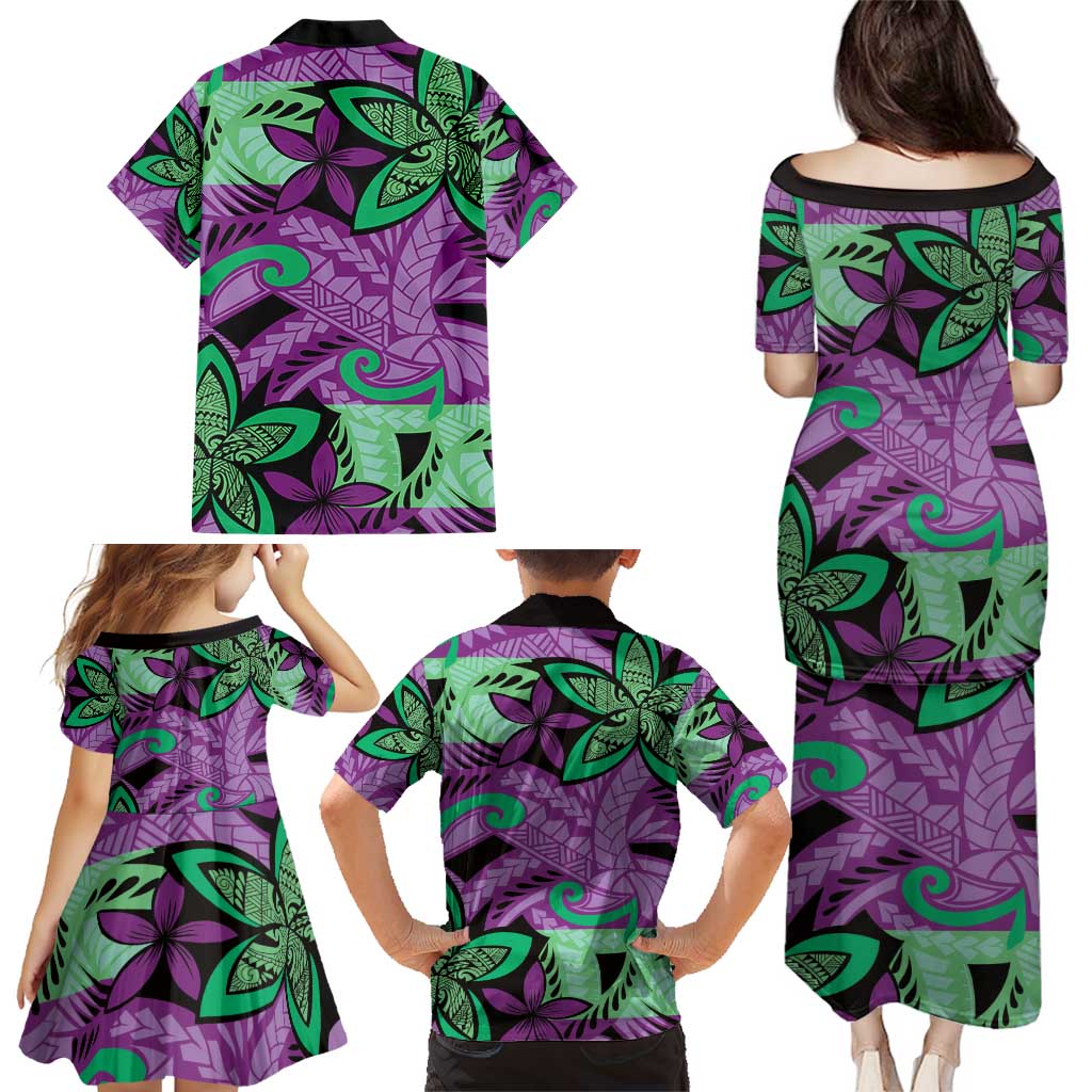 Plumeria Polynesian Pattern Family Matching Puletasi and Hawaiian Shirt Unique Fantasy Purple Green