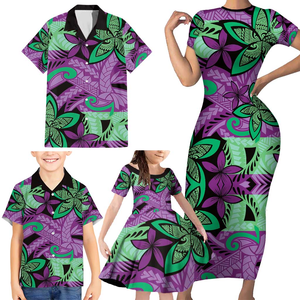 Plumeria Polynesian Pattern Family Matching Short Sleeve Bodycon Dress and Hawaiian Shirt Unique Fantasy Purple Green