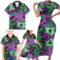 Plumeria Polynesian Pattern Family Matching Short Sleeve Bodycon Dress and Hawaiian Shirt Unique Fantasy Purple Green