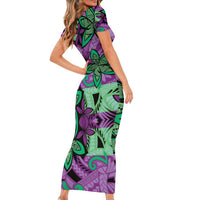 Plumeria Polynesian Pattern Family Matching Short Sleeve Bodycon Dress and Hawaiian Shirt Unique Fantasy Purple Green