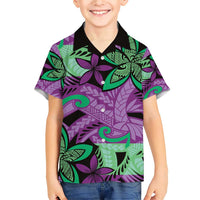 Plumeria Polynesian Pattern Family Matching Short Sleeve Bodycon Dress and Hawaiian Shirt Unique Fantasy Purple Green