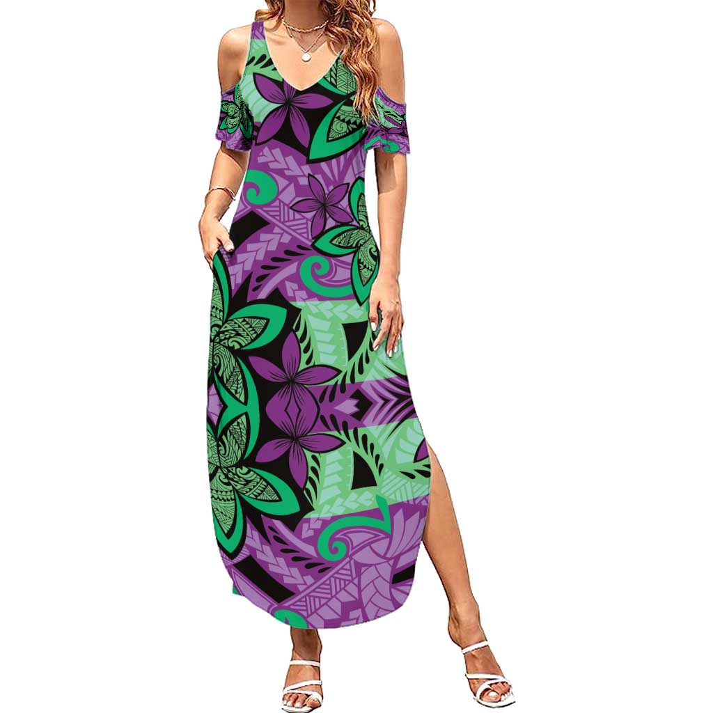 Plumeria Polynesian Pattern Family Matching Summer Maxi Dress and Hawaiian Shirt Unique Fantasy Purple Green