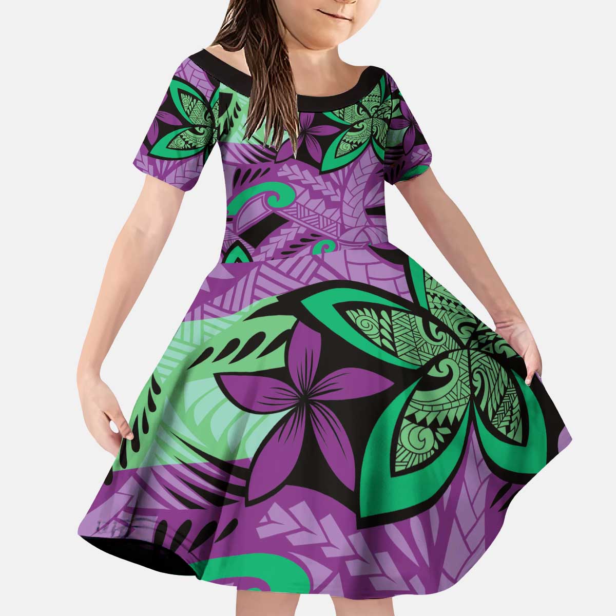 Plumeria Polynesian Pattern Kid Short Sleeve Dress Unique Fantasy Purple Green LT01 KID Purple - Polynesian Pride
