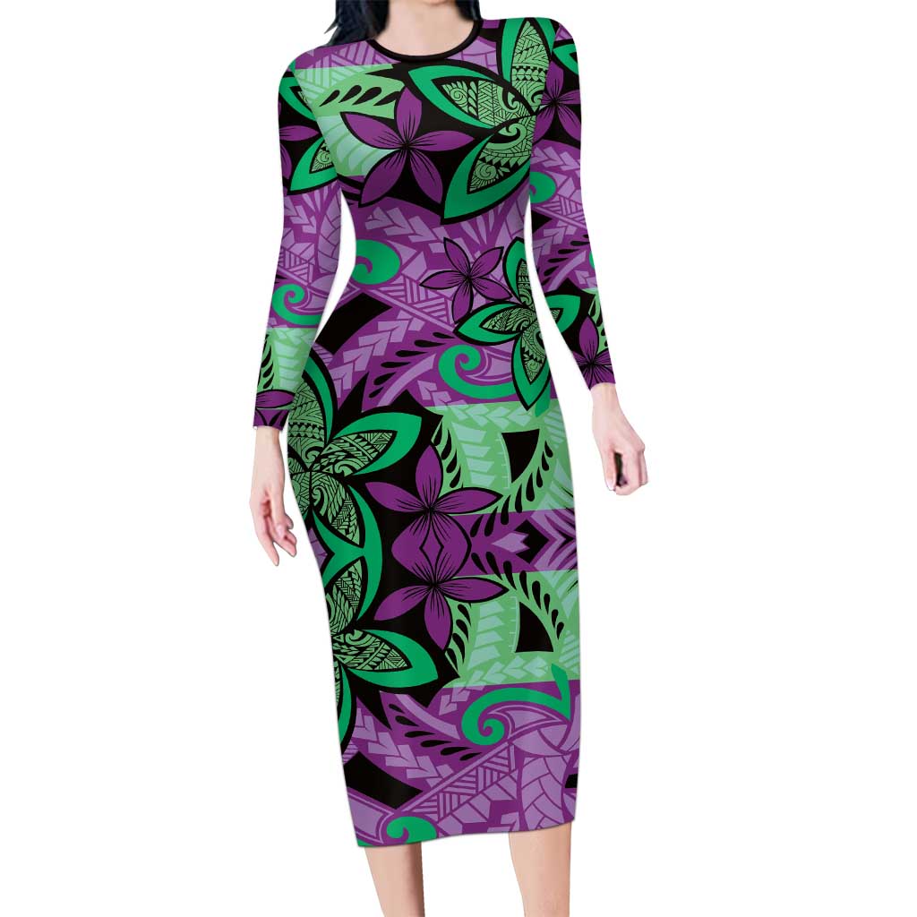 Plumeria Polynesian Pattern Long Sleeve Bodycon Dress Unique Fantasy Purple Green