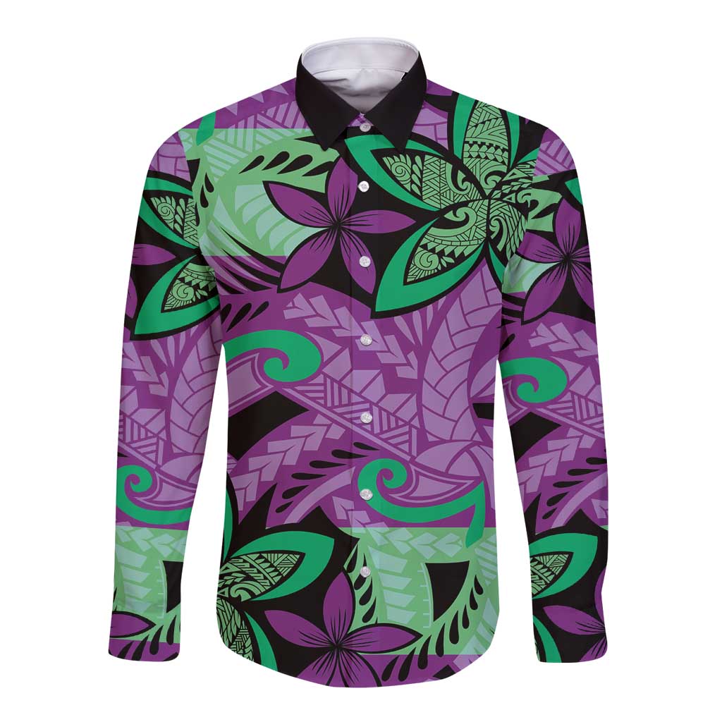 Plumeria Polynesian Pattern Long Sleeve Button Shirt Unique Fantasy Purple Green LT01 Unisex Purple - Polynesian Pride