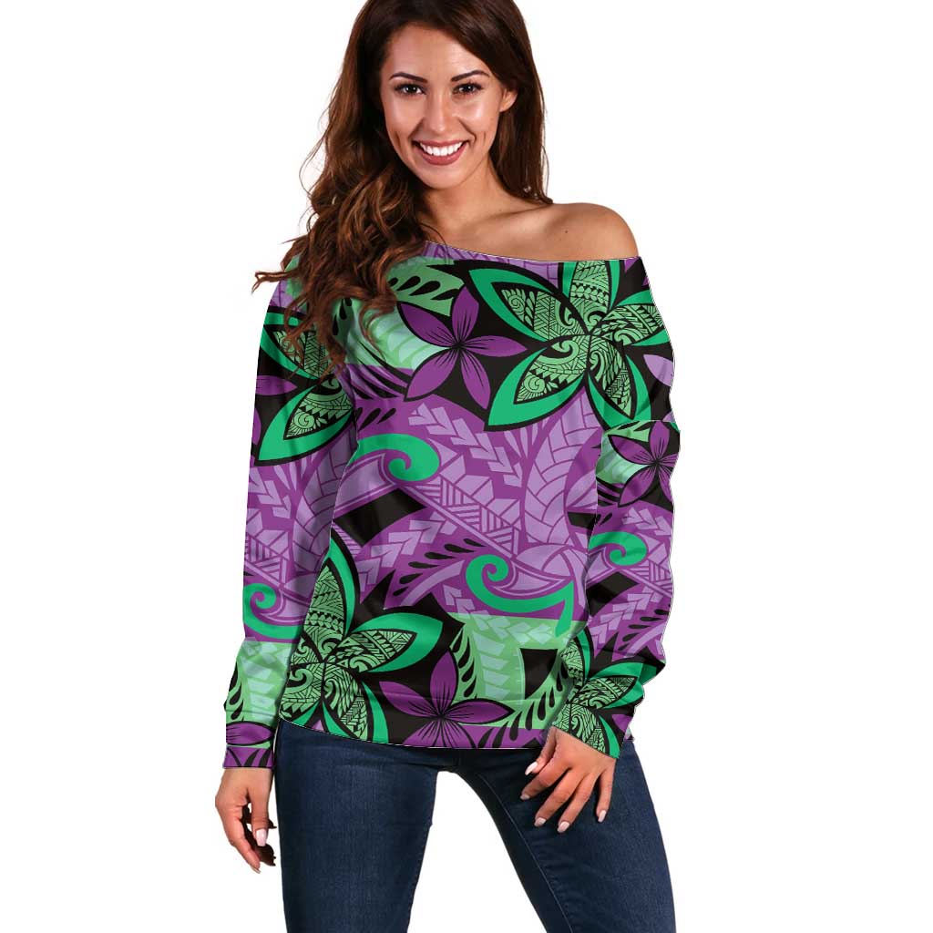 Plumeria Polynesian Pattern Off Shoulder Sweater Unique Fantasy Purple Green