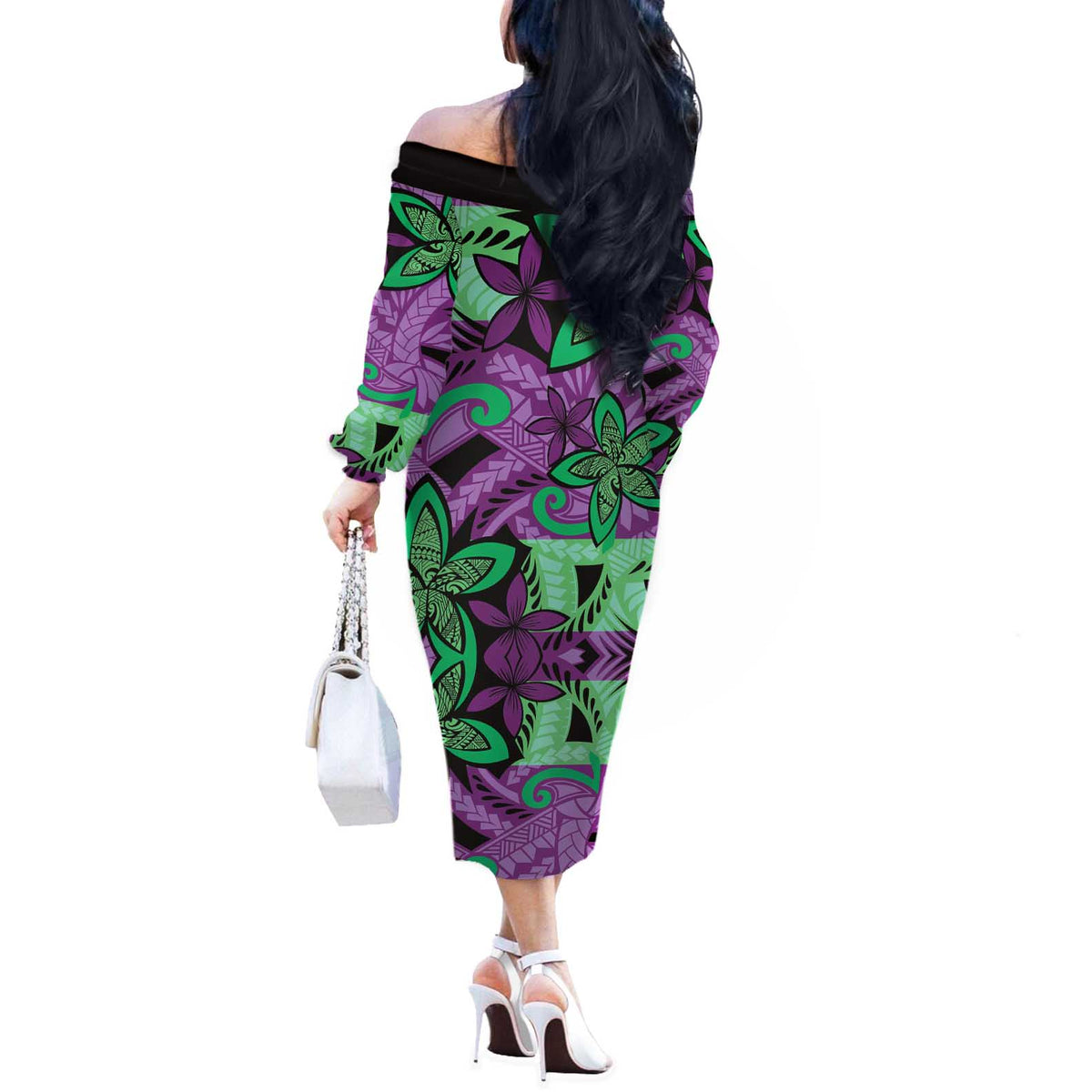 Plumeria Polynesian Pattern Off The Shoulder Long Sleeve Dress Unique Fantasy Purple Green
