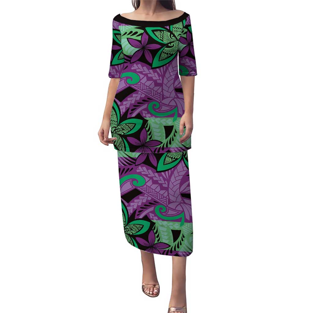 Plumeria Polynesian Pattern Puletasi Unique Fantasy Purple Green