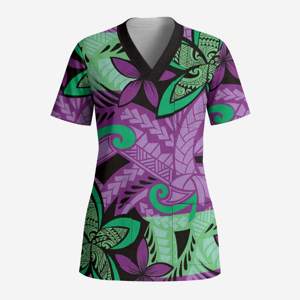 Plumeria Polynesian Pattern Scrub Top Unique Fantasy Purple Green - Polynesian Pride