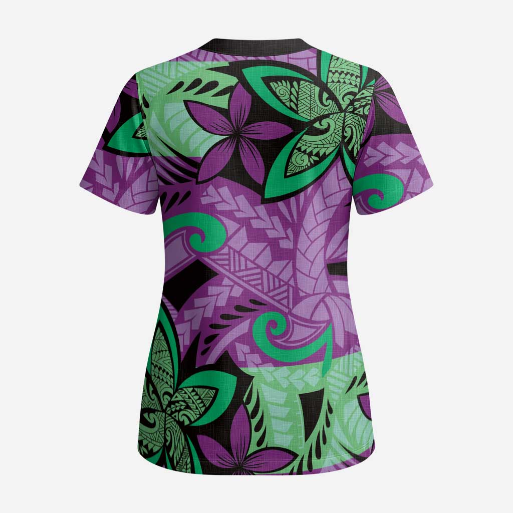 Plumeria Polynesian Pattern Scrub Top Unique Fantasy Purple Green - Polynesian Pride