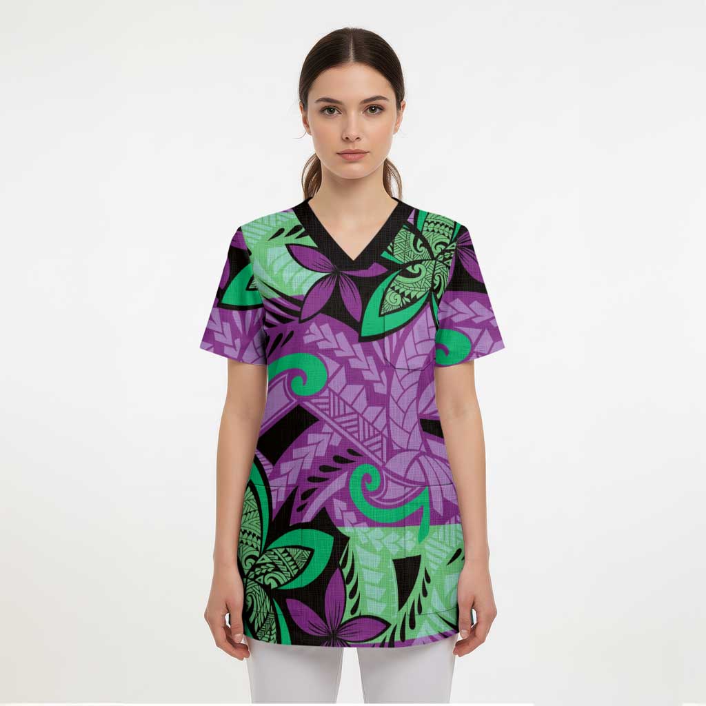 Plumeria Polynesian Pattern Scrub Top Unique Fantasy Purple Green - Polynesian Pride