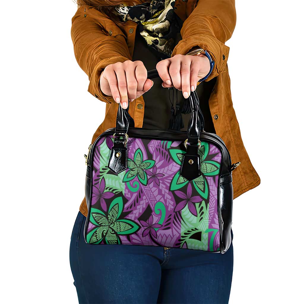 Plumeria Polynesian Pattern Shoulder Handbag Unique Fantasy Purple Green