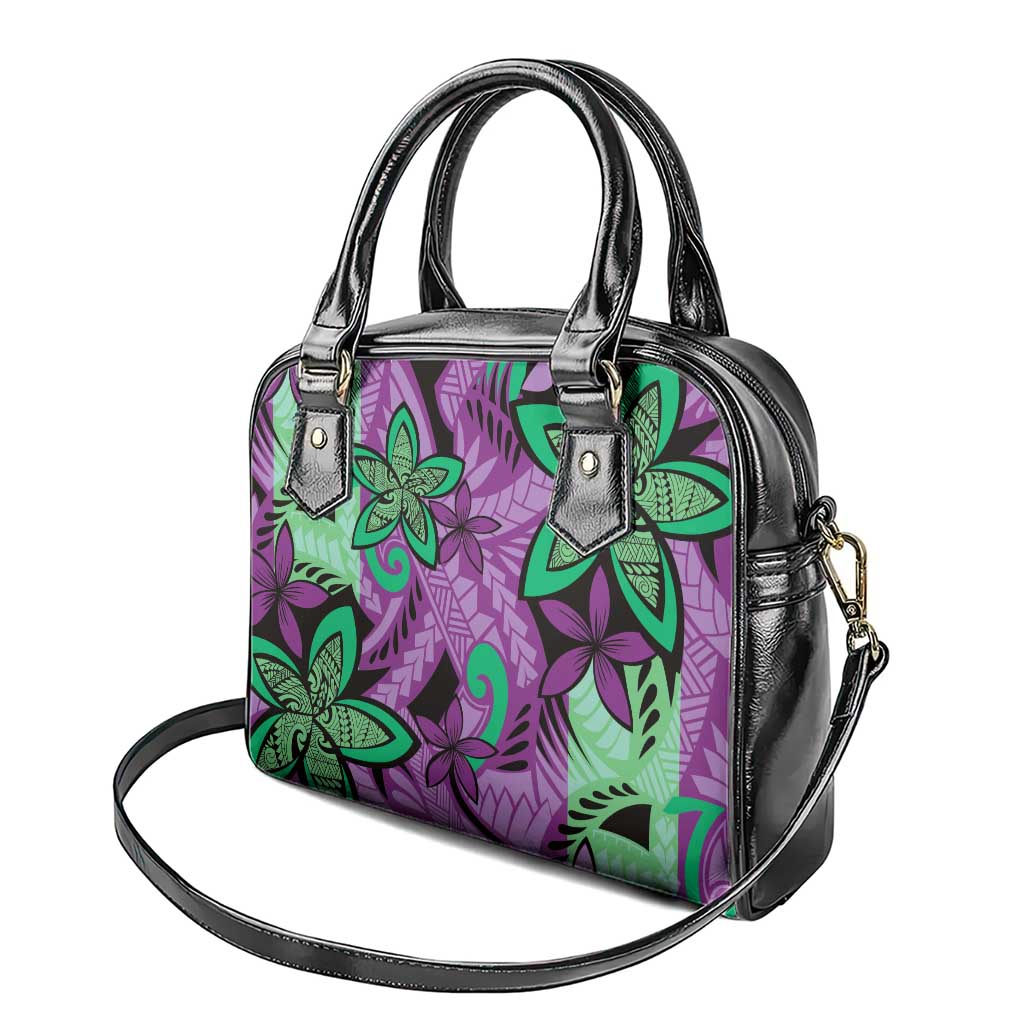 Plumeria Polynesian Pattern Shoulder Handbag Unique Fantasy Purple Green