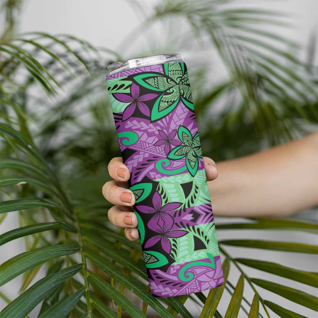 Plumeria Polynesian Pattern Skinny Tumbler Unique Fantasy Purple Green