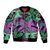Plumeria Polynesian Pattern Sleeve Zip Bomber Jacket Unique Fantasy Purple Green