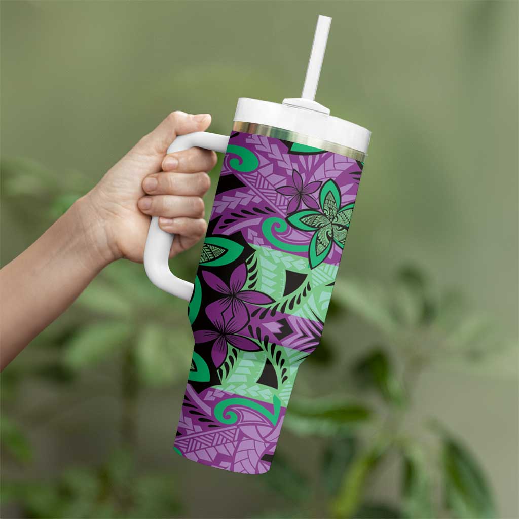 Plumeria Polynesian Pattern Tumbler With Handle Unique Fantasy Purple Green