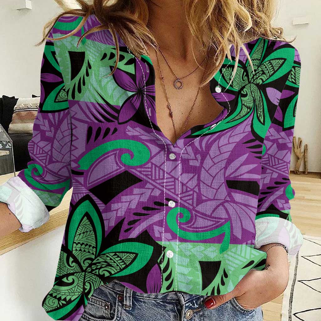 Plumeria Polynesian Pattern Women Casual Shirt Unique Fantasy Purple Green