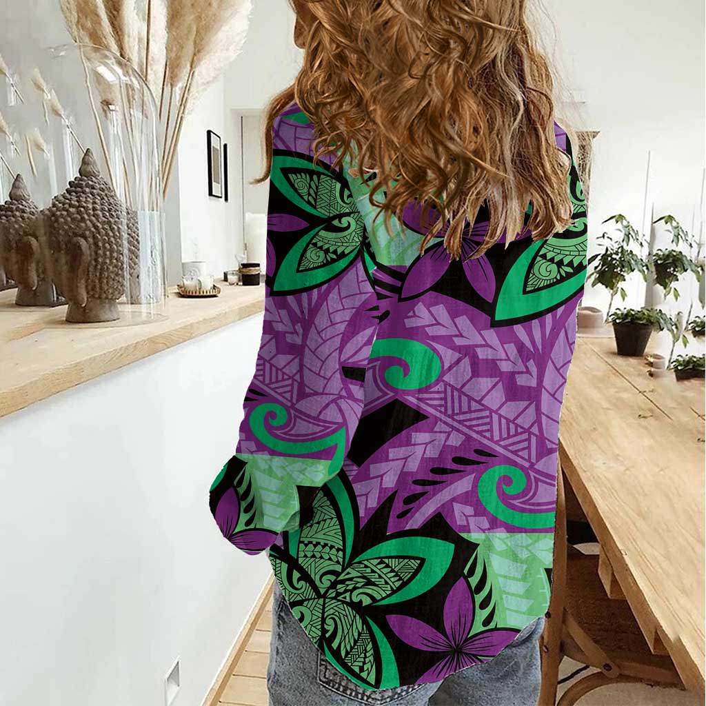 Plumeria Polynesian Pattern Women Casual Shirt Unique Fantasy Purple Green
