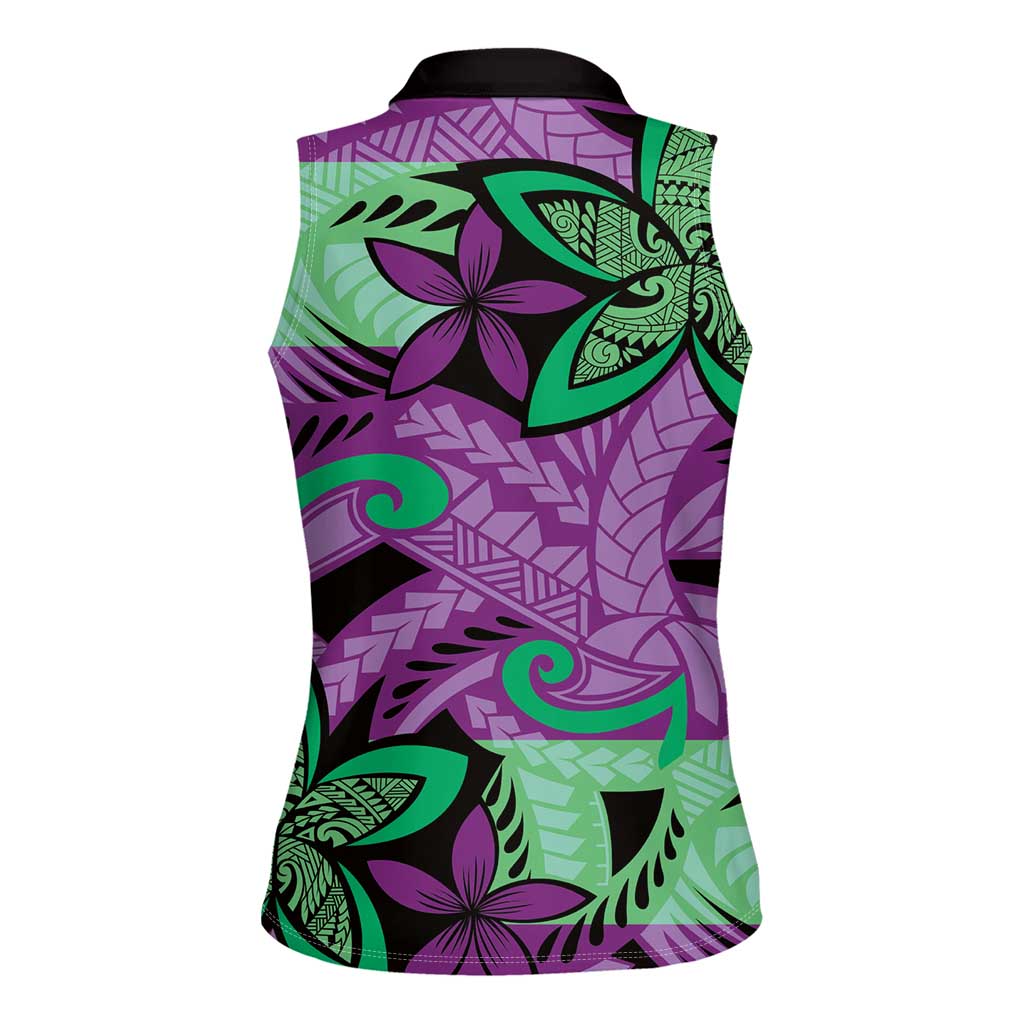 Plumeria Polynesian Pattern Women Sleeveless Polo Shirt Unique Fantasy Purple Green LT01 - Polynesian Pride