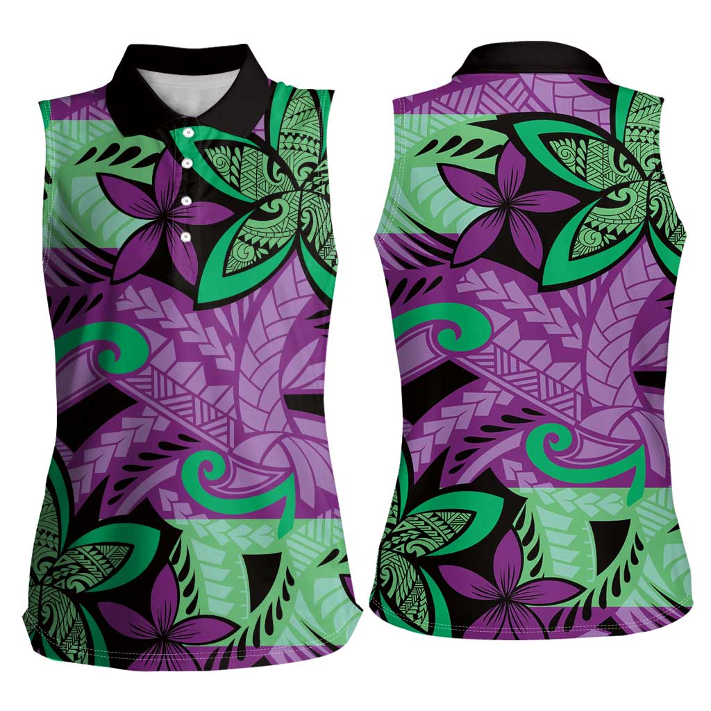 Plumeria Polynesian Pattern Women Sleeveless Polo Shirt Unique Fantasy Purple Green LT01 - Polynesian Pride