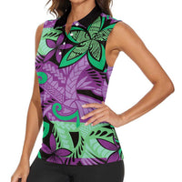 Plumeria Polynesian Pattern Women Sleeveless Polo Shirt Unique Fantasy Purple Green LT01 - Polynesian Pride