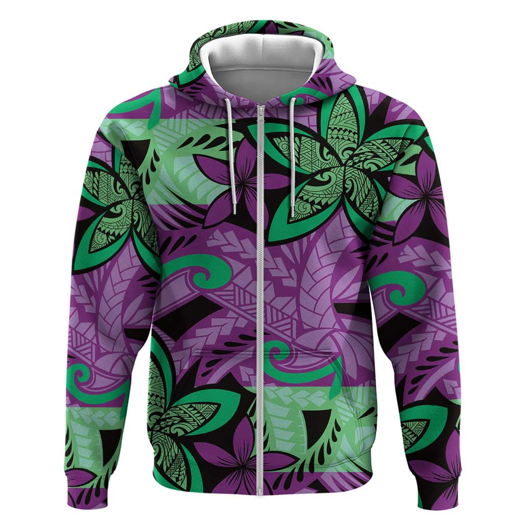 Plumeria Polynesian Pattern Zip Hoodie Unique Fantasy Purple Green