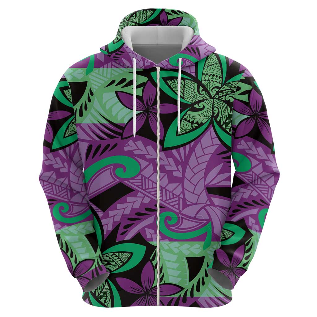 Plumeria Polynesian Pattern Zip Hoodie Unique Fantasy Purple Green