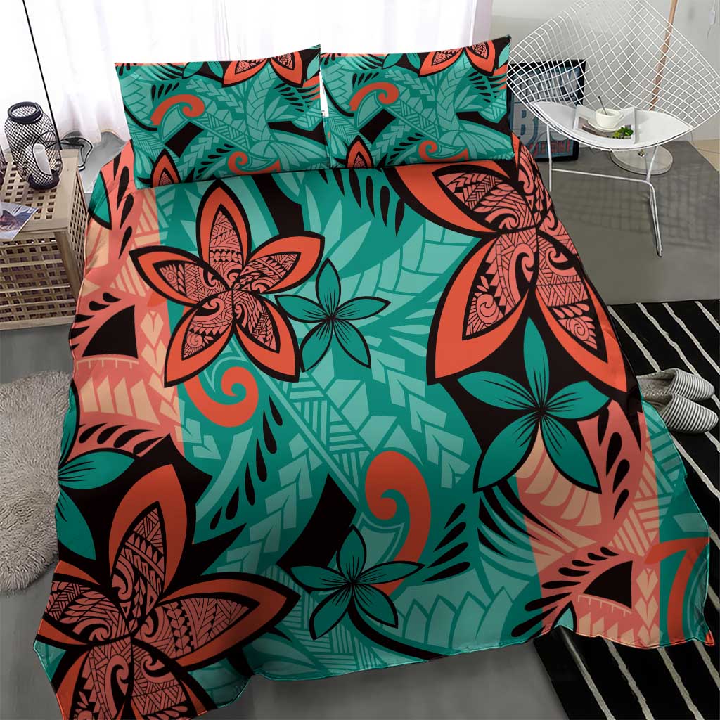 Plumeria Polynesian Pattern Bedding Set Unique Fantasy Teal Orange