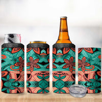 Plumeria Polynesian Pattern 4 in 1 Can Cooler Tumbler Unique Fantasy Teal Orange