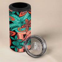 Plumeria Polynesian Pattern 4 in 1 Can Cooler Tumbler Unique Fantasy Teal Orange