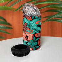 Plumeria Polynesian Pattern 4 in 1 Can Cooler Tumbler Unique Fantasy Teal Orange