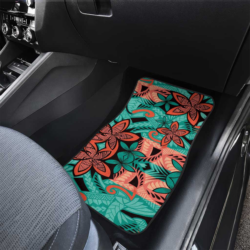 Plumeria Polynesian Pattern Car Mats Unique Fantasy Teal Orange